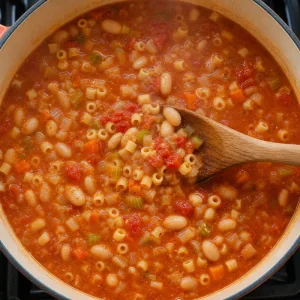 Ditalini pasta simmering with beans and vegetables