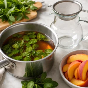 Fresh mint steeping in warm tea