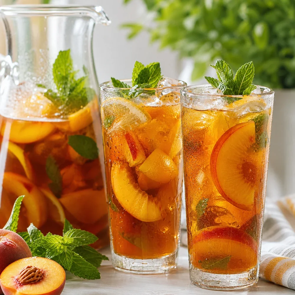 Glasses of peach iced tea with mint and ice