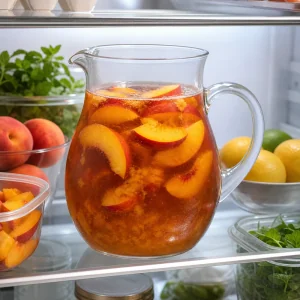 Pitcher of peach tea chilling in the refrigerator