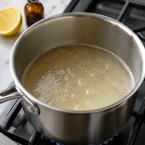 Light syrup simmering in a saucepan for the peaches