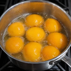 Peach halves simmering in syrup until glossy