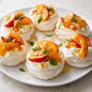 Finished peach pavlovas with whipped cream, sliced peaches, almonds, and mint