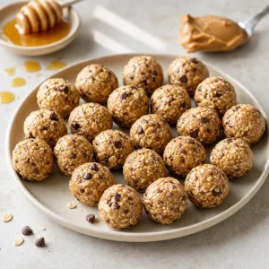 Finished peanut butter honey no-bake oat bites on a plate