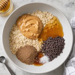 Oats peanut butter honey chocolate chips flaxseed vanilla and salt combined in a mixing bowl