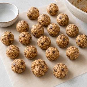 Portioned oat mixture rolled into small round no-bake bites