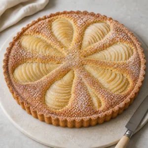 Tarte aux poires et aux amandes refroidie, saupoudrée de sucre glace avant la découpe