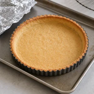 Fond de tarte doré cuit à blanc en train de refroidir