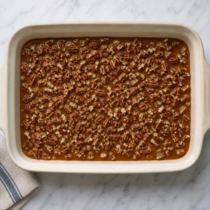 Caramel-lined baking dish topped with toasted chopped pecans