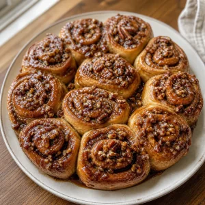 Finished pecan sticky buns coated with caramel and toasted pecans