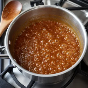 Glossy brown sugar caramel simmering in a saucepan