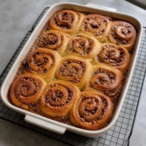 Golden baked sticky buns still in the baking dish