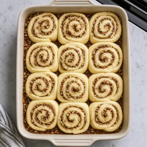 Puffed unbaked buns arranged in the caramel-lined pan
