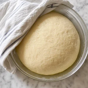 Risen sticky bun dough doubled in a lightly oiled bowl
