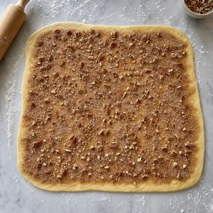 Rolled dough rectangle covered with cinnamon sugar and chopped pecans