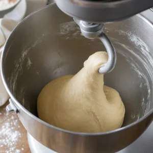 Smooth sticky bun dough pulling away from the mixer bowl