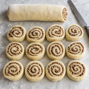 Unbaked sticky bun spirals sliced from a filled dough log
