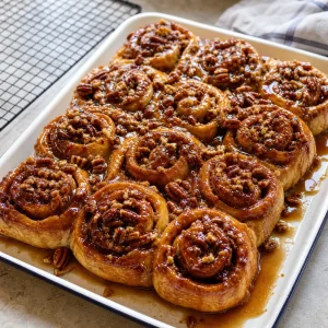 Warm inverted sticky buns with caramel spooned over the tops