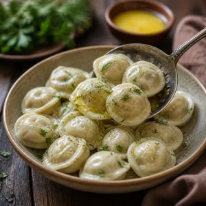 Pelmeni in Butter heiß mit frischen Kräutern serviert