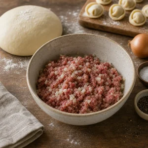 Hackfleischfüllung mit Zwiebel und Pfeffer vermischt