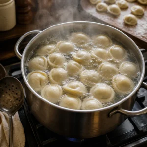 Pelmeni kochen in Salzwasser, bis sie oben schwimmen