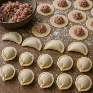 Rohe Pelmeni auf einer bemehlten Fläche geformt und verschlossen