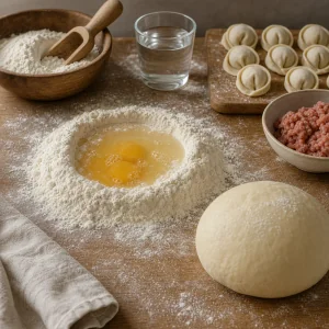 Glatter Pelmeni-Teig ruht auf einer bemehlten Fläche