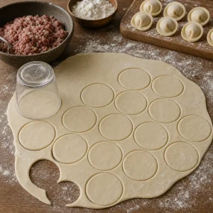 Dünner Teig in kleine Kreise für Pelmeni geschnitten