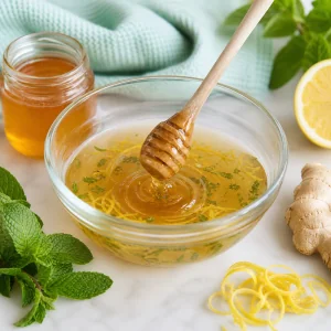 Miele e scorza di limone mescolati in un infuso di menta e zenzero