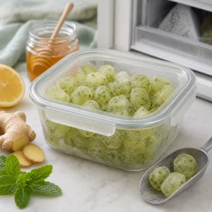 Scaglie di ghiaccio menta e zenzero conservate in un contenitore trasparente