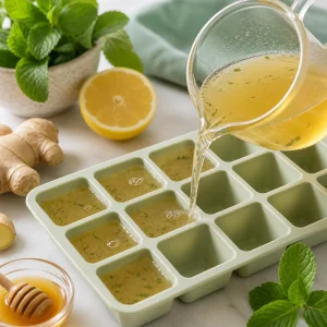 Infuso di menta e zenzero versato in uno stampo per ghiaccio in silicone