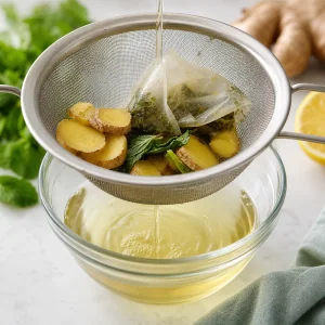Infuso di menta e zenzero filtrato con un colino a maglia fine
