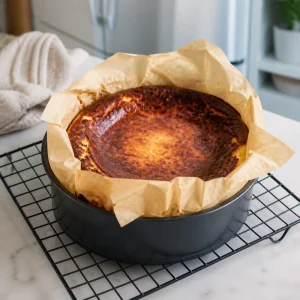 Baked Basque cheesecake cooling on a wire rack in its parchment-lined pan