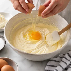 Eggs added one at a time to smooth cheesecake batter