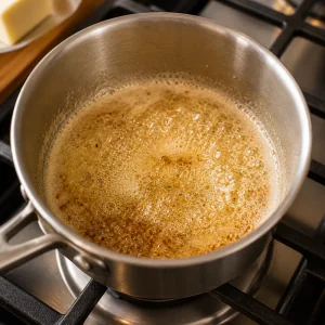Butter foaming and turning golden brown in a small saucepan.