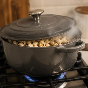 Popcorn popping in a pot with the lid slightly ajar to release steam.