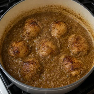 Browned chicken simmering in walnut sauce