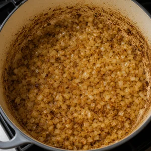 Finely chopped onion softened and golden in a pot
