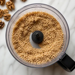 Ground toasted walnuts in a food processor bowl