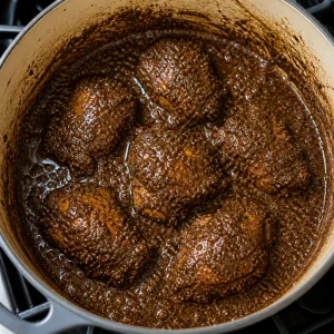 Tender chicken coated in thick glossy walnut sauce