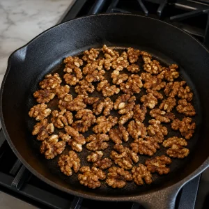 Walnut halves toasting in a dry skillet