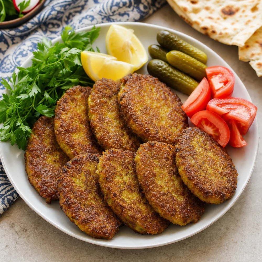 Finished Persian kotlet patties with parsley, lemon, pickles, tomatoes, and flatbread