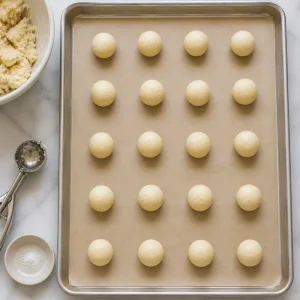 Cookie dough balls spaced on a parchment-lined baking sheet