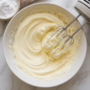 Creamed butter and powdered sugar in a mixing bowl