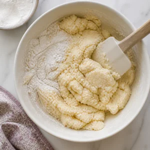 Crumbly rice flour cookie dough being mixed with a spatula