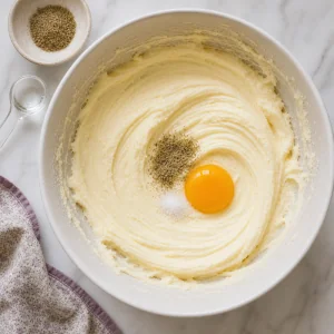 Egg yolk, cardamom, rosewater, and salt added to creamed butter