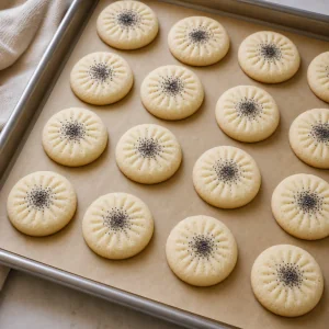 Pale baked rice cookies on a parchment-lined sheet pan