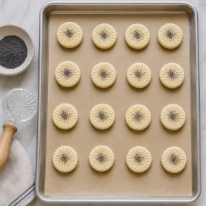 Stamped raw cookies sprinkled with poppy seeds