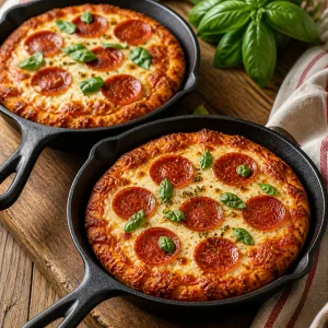 Finished mini pepperoni skillet pizzas resting with fresh basil before serving.