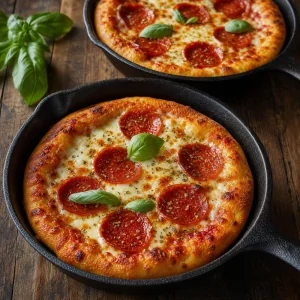 Finished personal mini cast-iron skillet pizzas with crispy golden crusts, melted mozzarella, pepperoni, oregano, and fresh basil.